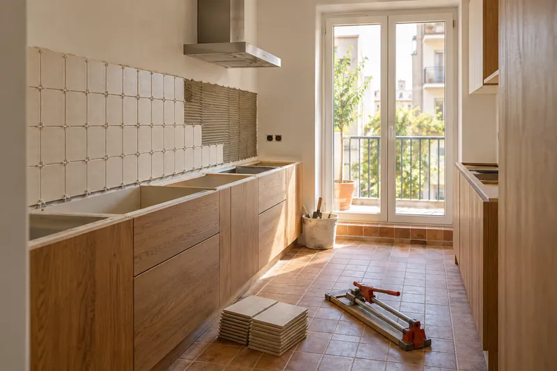 Visualización conceptual IA: Colocación de azulejos con separadores y adhesivo sobre una pared de cocina.