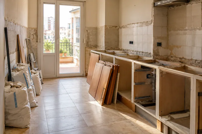 Visualización conceptual IA: Retirada de muebles y revestimientos al comienzo de una reforma de cocina.
