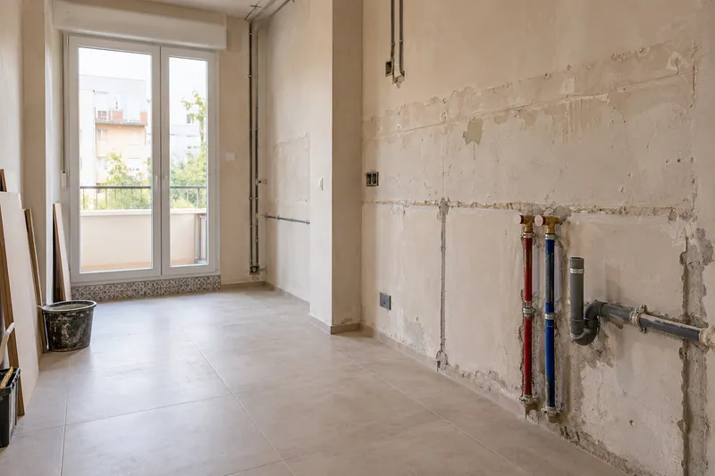 Visualización conceptual IA: Tuberías de suministro y desagüe durante la renovación de una cocina.