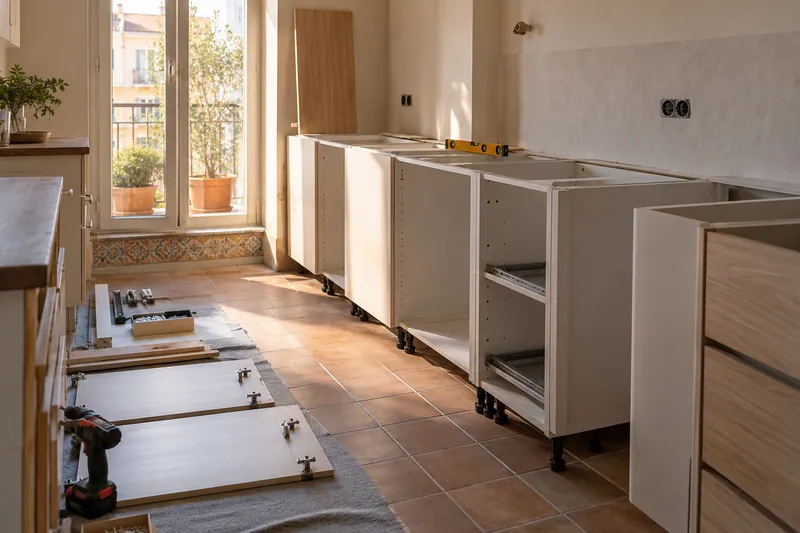 Visualización conceptual IA: Módulos de cocina en montaje con puertas pendientes de colocar.
